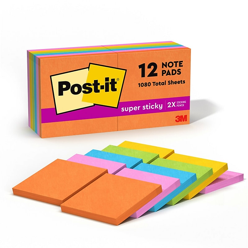 Post-it Super Sticky Notes, 3" x 3", Energy Boost Collection, 90 Sheet/Pad, 12 Pads/Pack (65412SSUC) image 1