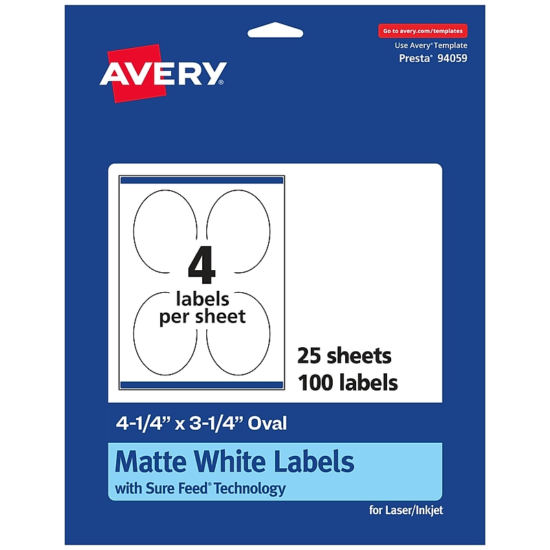 Avery Laser/Inkjet Multipurpose Labels, 4.25" x 3.25", White, 100 Labels/Pack (94059) image 1
