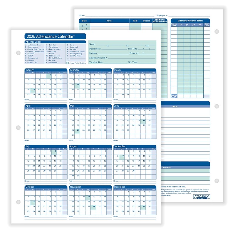 ComplyRight 2026 Attendance Calendar Card, 50 Forms/Pack (A4000W50) image 1