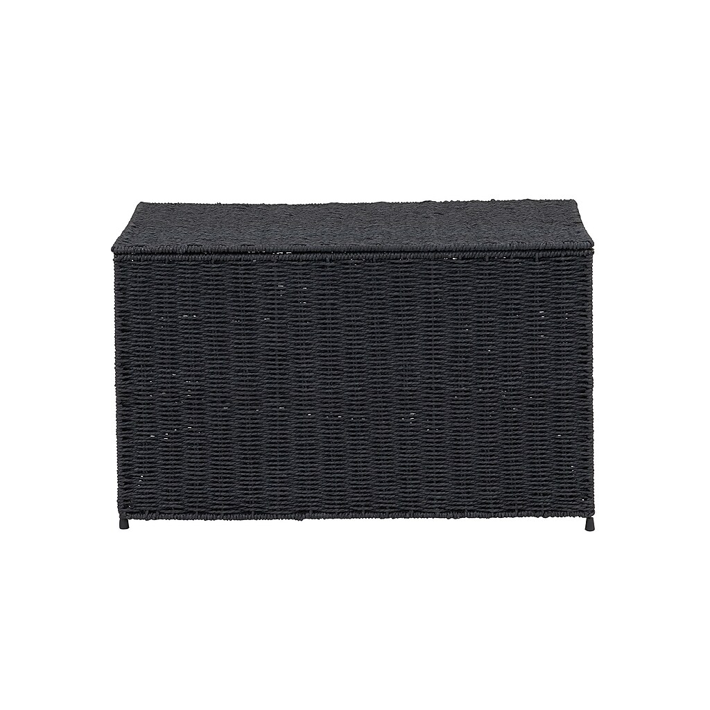 Front view of black woven storage chest with closed lid
