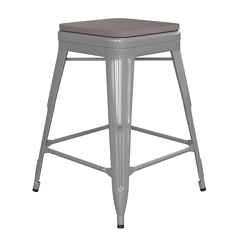 Flash Furniture Kai Indoor-Outdoor Backless Counter Height Stool, Silver with Gray Seat (CH3132024SILP2G) image 1