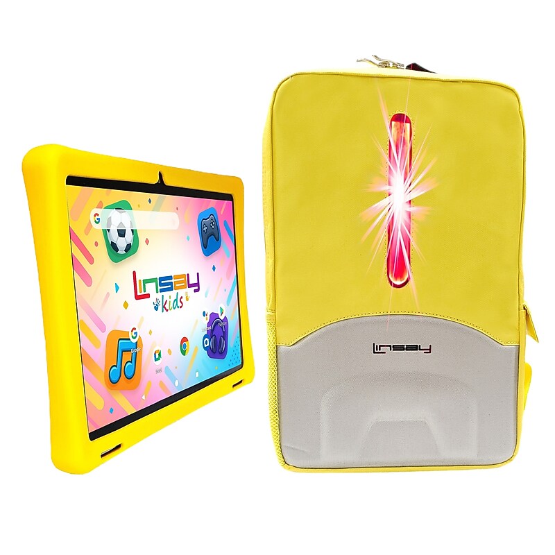 LINSAY 10.1"Octa Core 256GB Storage Android 15 Tablet with Yellow Kids Defender Case and LED Backpack Yellow image 1