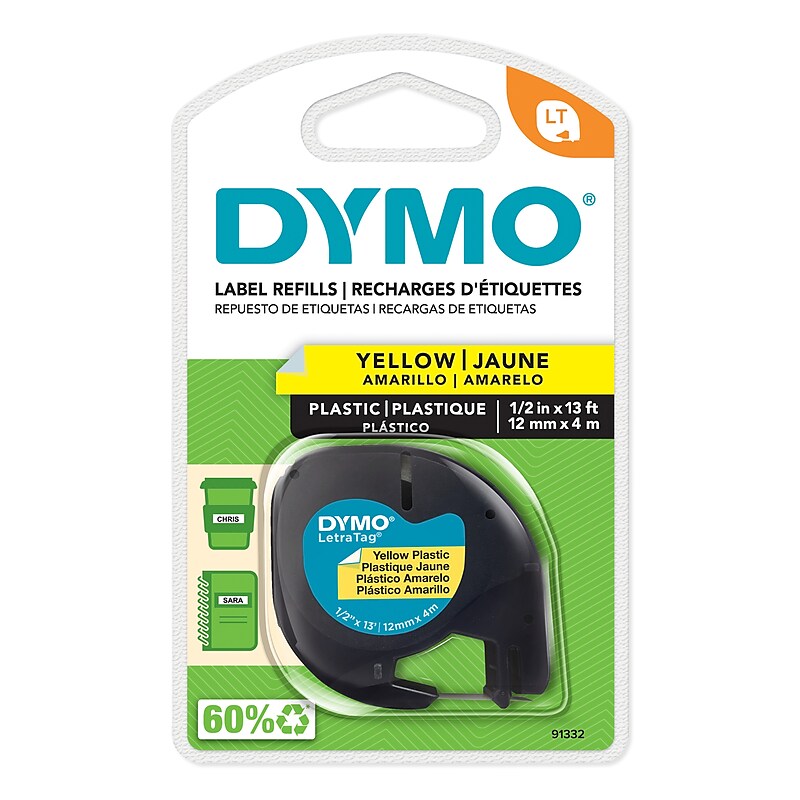 DYMO LetraTag 91332 Plastic Label Maker Tape, 1/2" x 13', Black on Yellow (91332) image 1