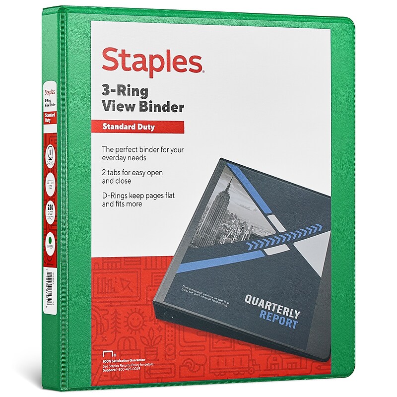 Staples 1" 3-Ring View Binders, D-Ring, Green (58656) image 1