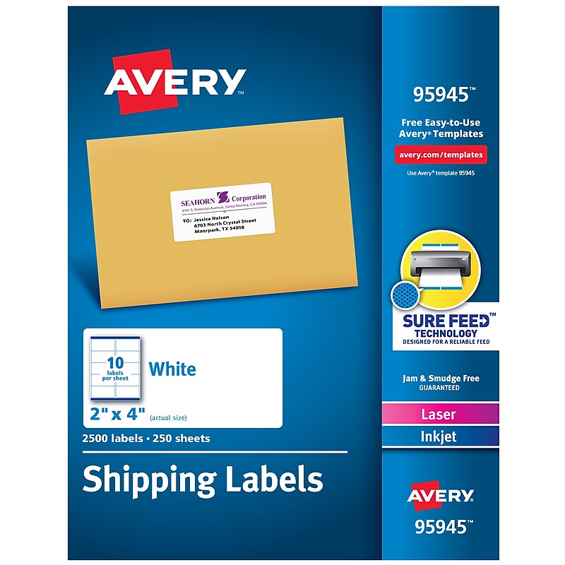 Avery Sure Feed Laser/Inkjet Shipping Labels, 2" x 4", Matte White, 2,500 Labels/Box (95945) image 1