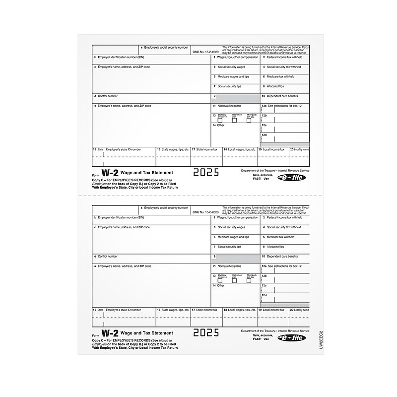 Adams 2025 W-2 Tax Form, 1-Part, Copy C, 100/Pack (LW2EEC2) image 1