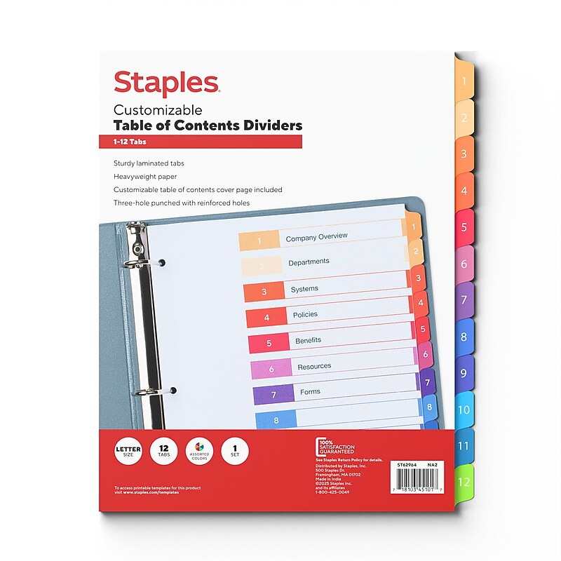 Staples Customizable Table of Contents Numeric Dividers, 12-Tabs, Multicolor (ST62964) image 1