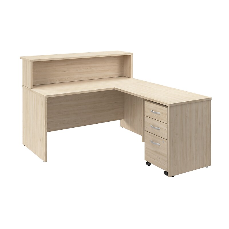 Bush Business Furniture Arrive 60"W L Shaped Reception Desk with Shelf and Mobile File Cabinet, Natural Elm (ARV004NE) image 1