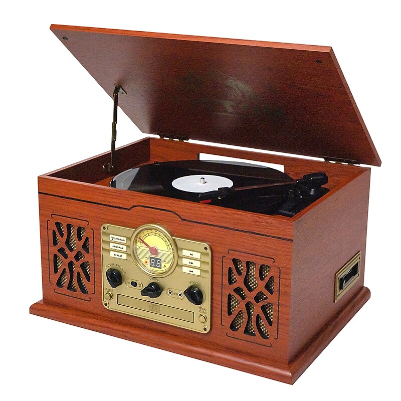 Victor State 7-in-1 Turntable Music Center w/ 3-Speed Record Player, CD/MP3/Cassette, FM, Dual Bluetooth In/Out, Mahogany image 1