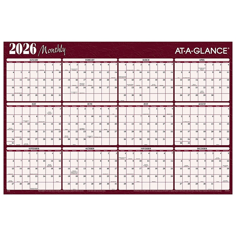 2026 AT-A-GLANCE 48" x 32" Yearly Dry Erase Wall Calendar, Reversible, Red/Blue (A152-26) image 1