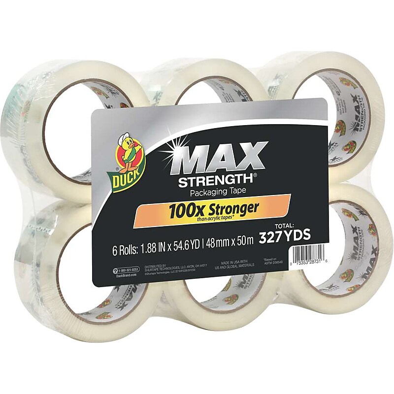Duck Max Strength Heavy-Duty Packing Tape, 1.88" x 54.6 yds., Clear, 6/Pack (241513) image 1