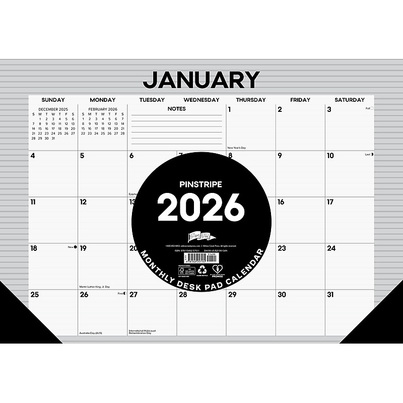 2026 Willow Creek Pinstripe 17" x 12" Monthly Desk Pad Calendar, Gray (57131) image 1