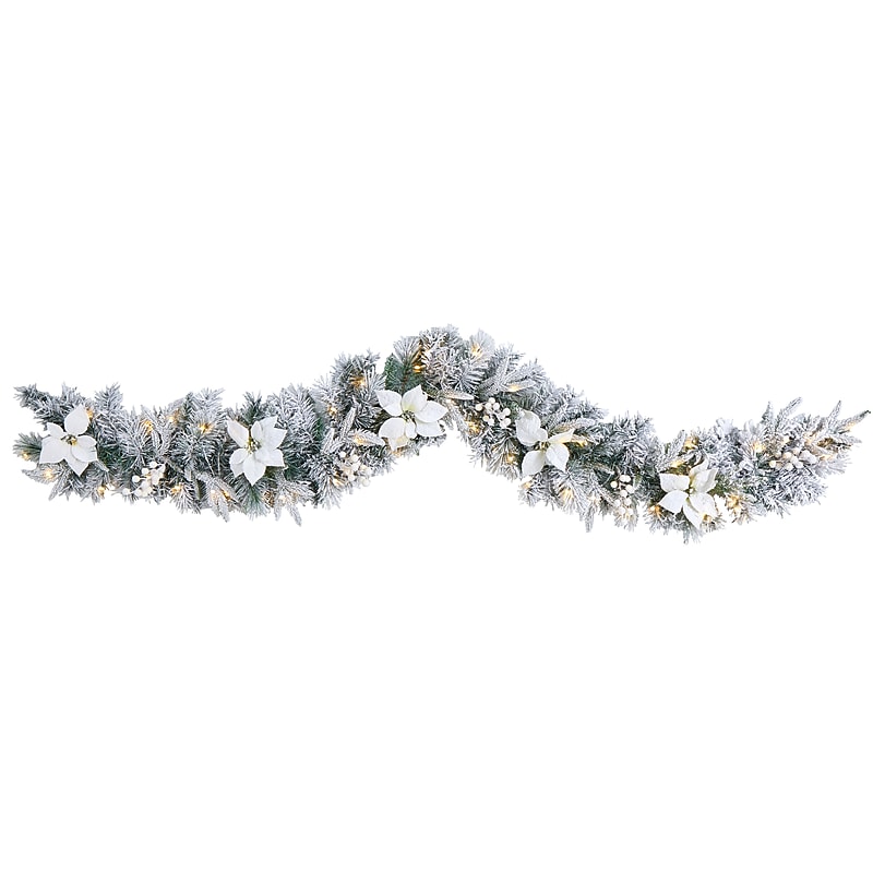 Nearly Natural 6-ft Flocked Poinsettia and Berry Artificial Christmas Garland with 50 Warm White LED Lights (W1312) image 1