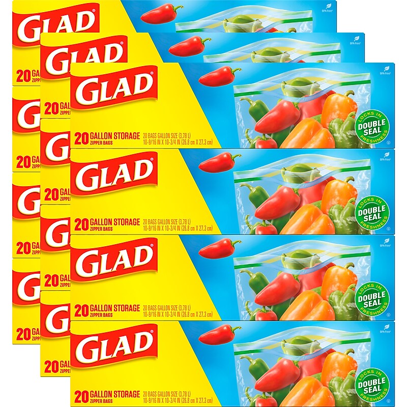 Glad Zipper Food Storage Bags, Gallon, 20 Bags/Box, 12/Carton (55050) image 1