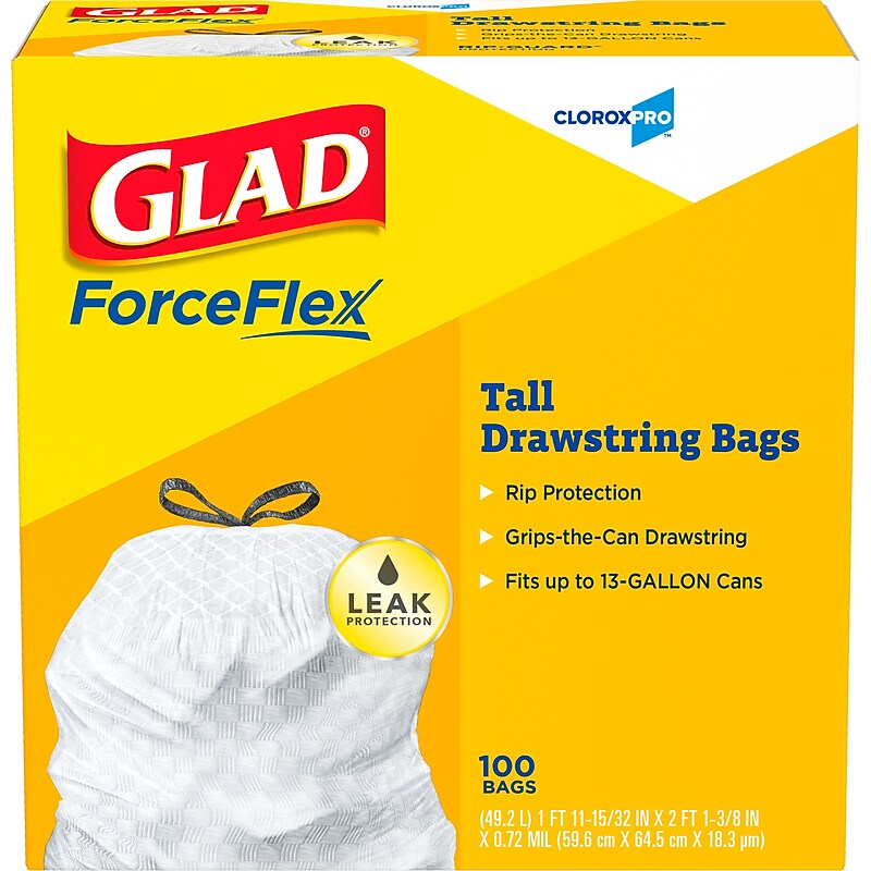 Glad 13 Gallon Trash Bag, 8.5"x8.5", Low Density, .72 mil, White, 100 Bags/Box (CLO 78526) image 1