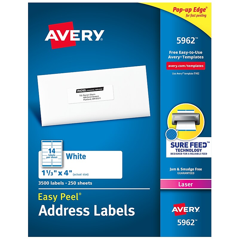 Avery Easy Peel Laser Address Labels, 1-1/3" x 4", White, 3,500 Labels/Box (5962) image 1