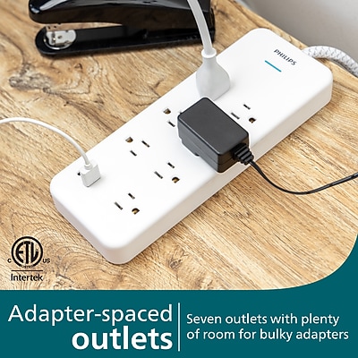 Philips Adapter Spaced 7-Outlet Surge Protector with USB Charging, 1500J,  6 ft. Braided Cord, White (SPP3983W/37-T1) Sansujyuku sansujyuku.com