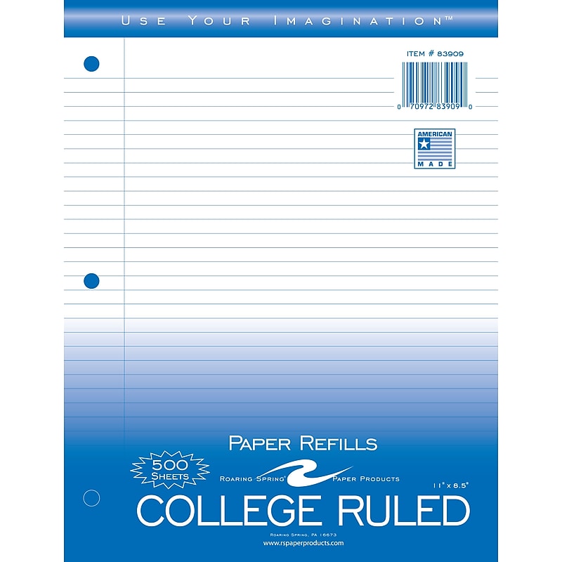 Roaring Spring Paper Products  College Ruled College Ruled Filler Paper, 8.5" x 11", 3-Hole Punched, 500 Sheets/Pack (83909) image 1