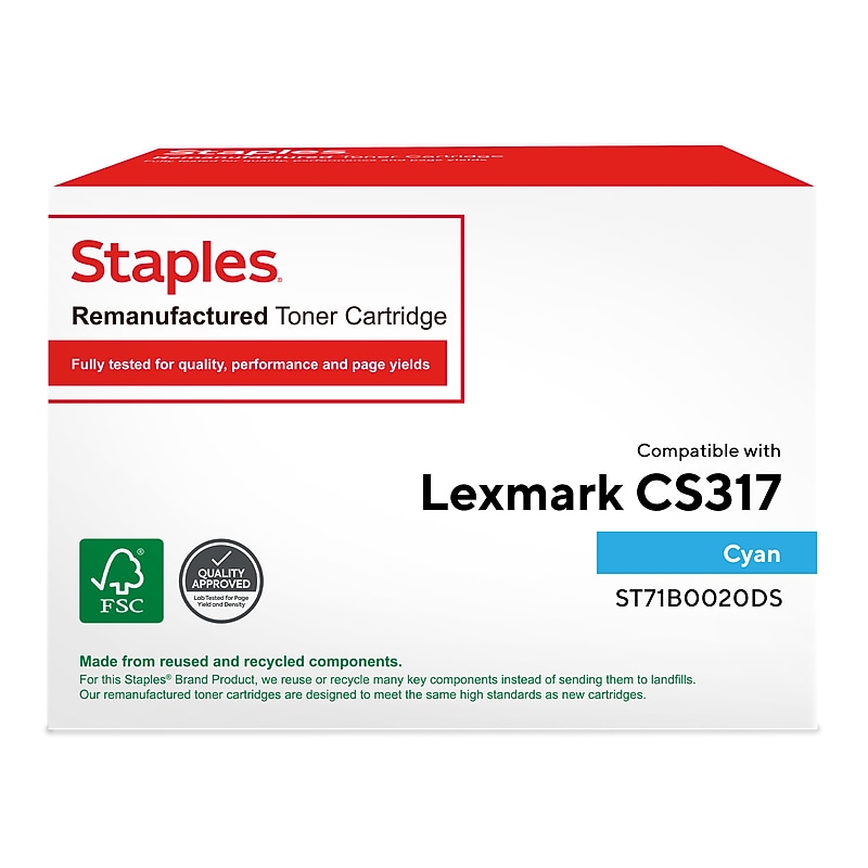 Staples Remanufactured Cyan Standard Yield Toner Cartridge Replacement for Lexmark (TR71B0020DS/ST71B0020DS) image 1