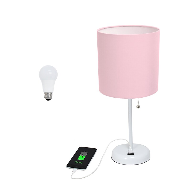 Creekwood Home Oslo 19.5" LED Table Lamp with USB Port, White Base/Light Pink Shade (CWT-2011-PO-LB) image 1
