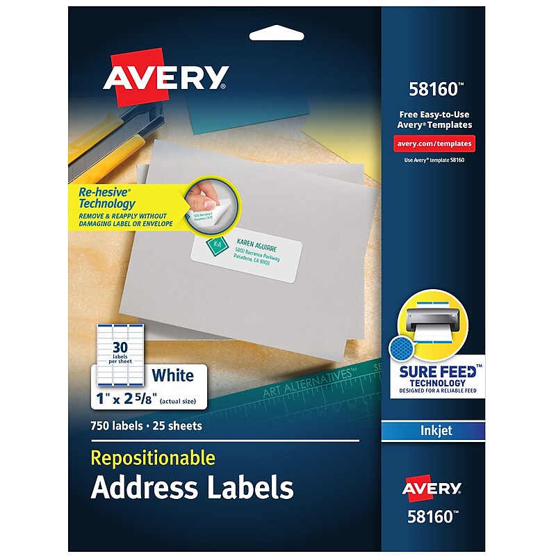 Avery Repositionable Inkjet Address Labels, 1" x 2-5/8", White, 750 Labels/Pack (58160) image 1