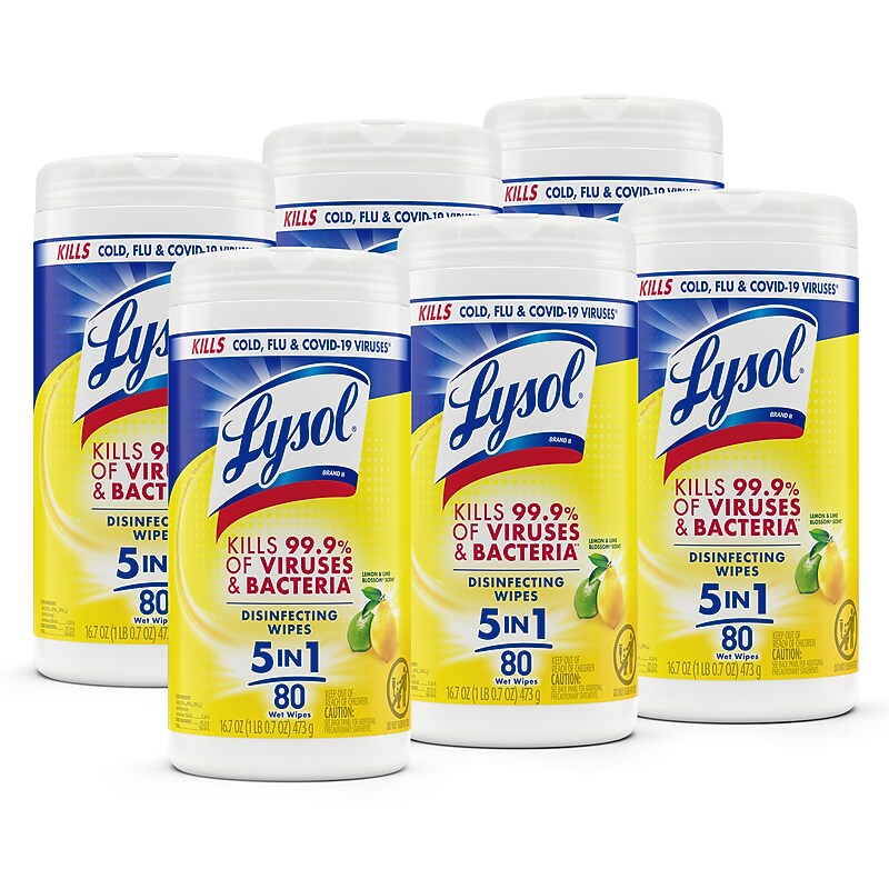 Lysol Disinfecting Wipes, Lemon & Lime Blossom, 80 Wipes/Canister, 6 Canisters/Carton (1920077182CT) image 1