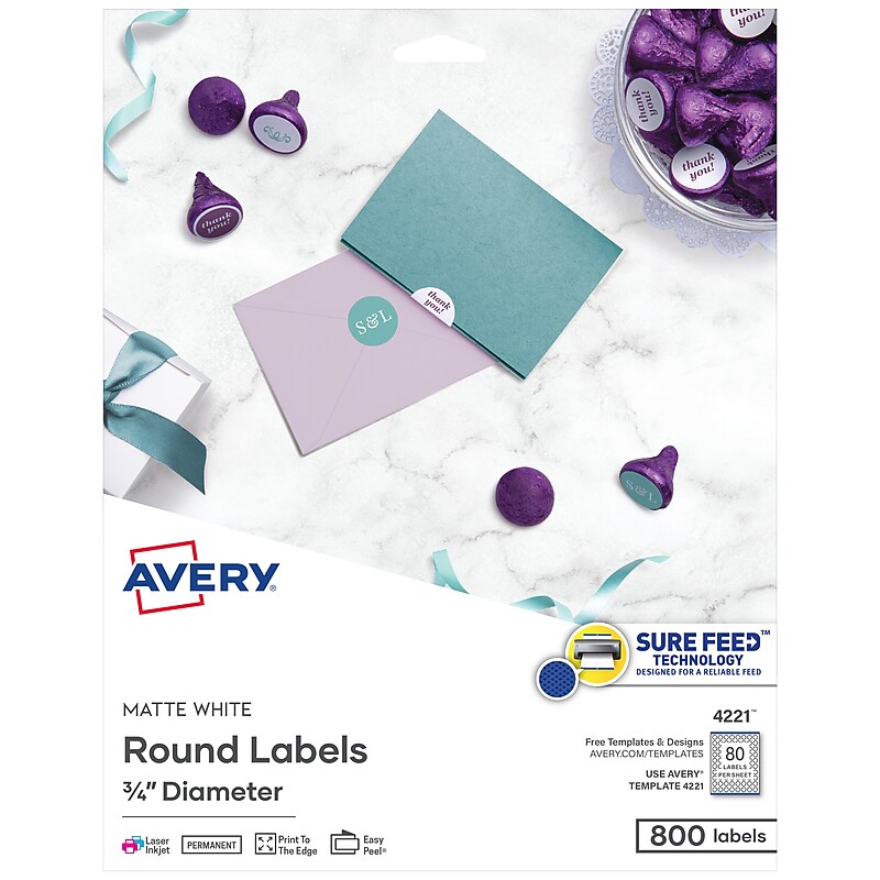 Avery Easy Peel Laser/Inkjet Round Labels, 3/4" Diameter, White, 80 Labels/Sheet, 10 Sheets/Pack, 800 Labels/Pack (4221) image 1