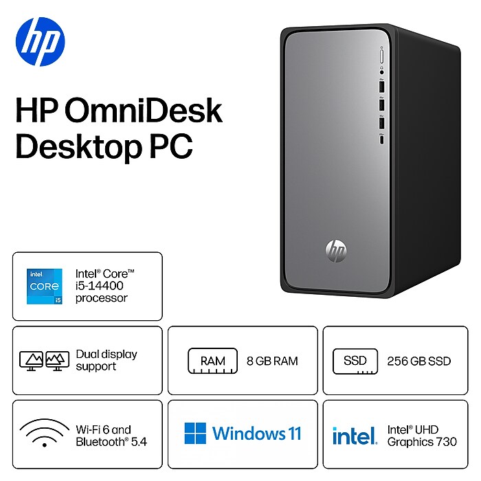 HP OmniDesk Desktop PC, Intel Core i5-14400 (2024), 8GB RAM, 256GB