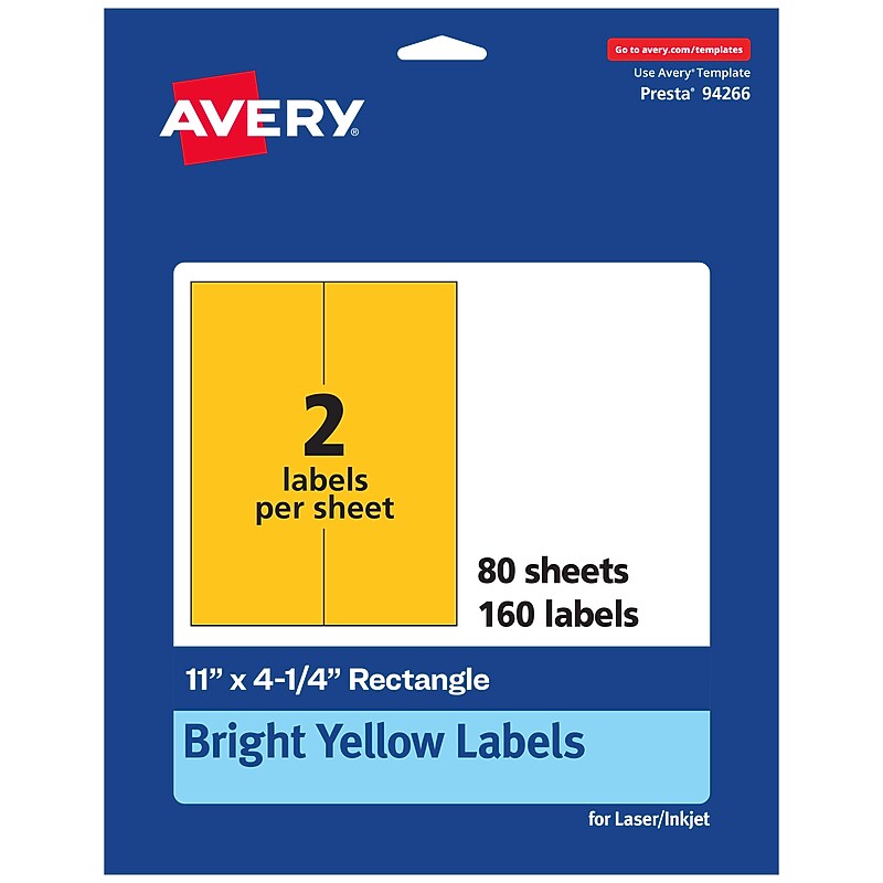 Avery Laser/Inkjet Rectangle Multipurpose Labels, 11" x 4.25", Bright Yellow, 160/Box (94266) image 1