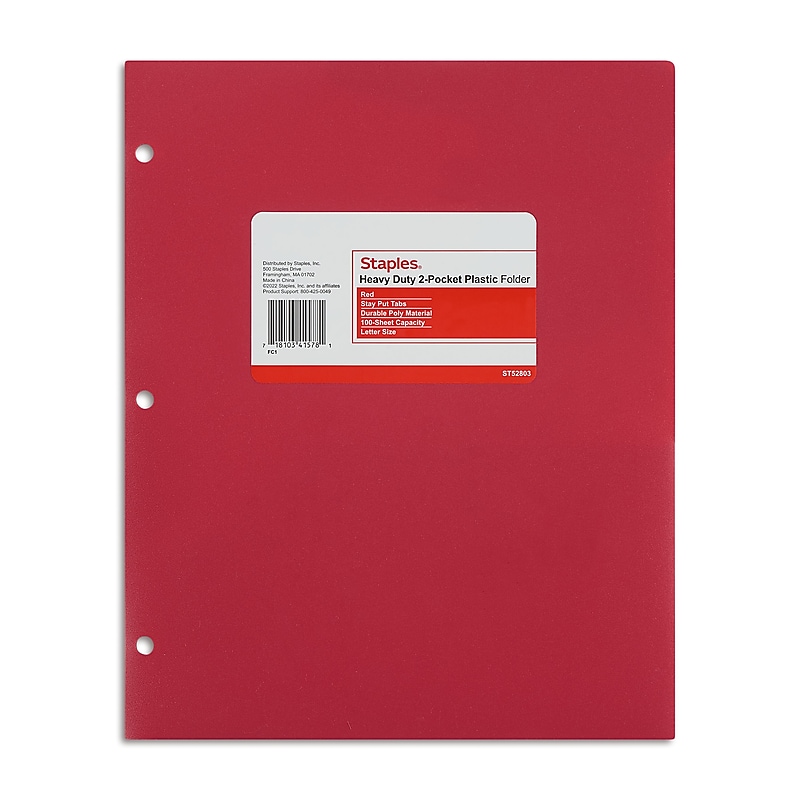 Staples 3-Hole Punched 2-Pocket Plastic Portfolio Folder, Red (ST52803-CC) image 1