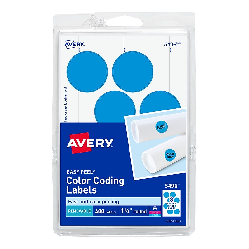 Avery Easy Peel Laser/Inkjet Color-Coding Labels, 1-1/4" Dia, Light Blue, 400 Labels/Pack (5496) image 1