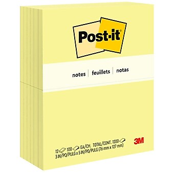 Post-it Notes, 3" x 5", Canary Collection, 100 Sheet/Pad, 12 Pads/Pack (655-YW)