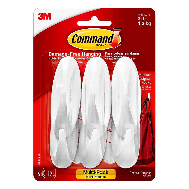 Command Medium Decorative Hooks, 3 lb., White, 6/Pack (17081-6ES) image 1