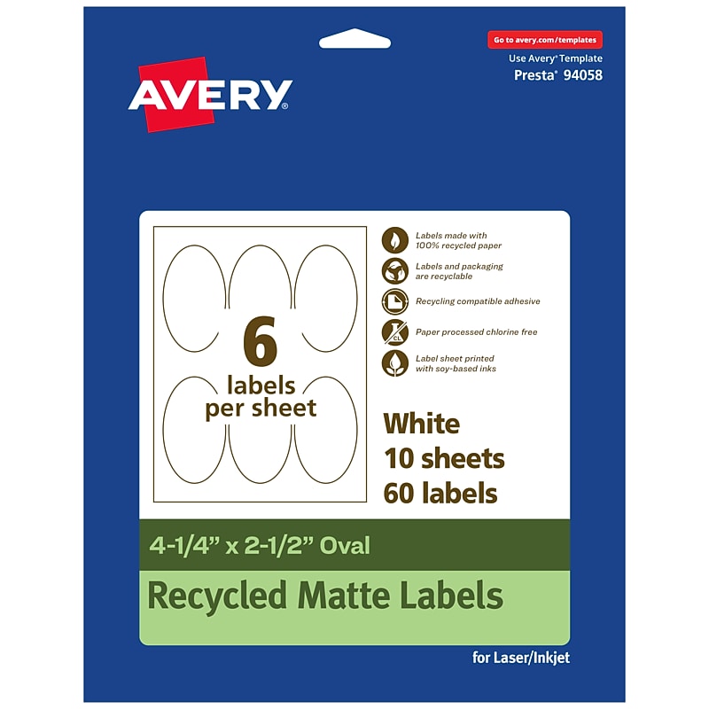 Avery EcoFriendly Laser/Inkjet Oval Multipurpose Labels, 4-1/4" x 2-1/2", White, 60/Pack (94058) image 1