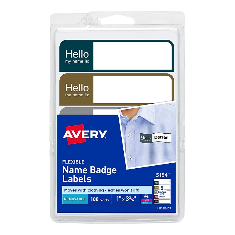 Avery Flexible "Hello My Name Is" Name Badge Labels, 1" x 3 3/4", Assorted Colors, 100 Labels Per Pack (5154) image 1