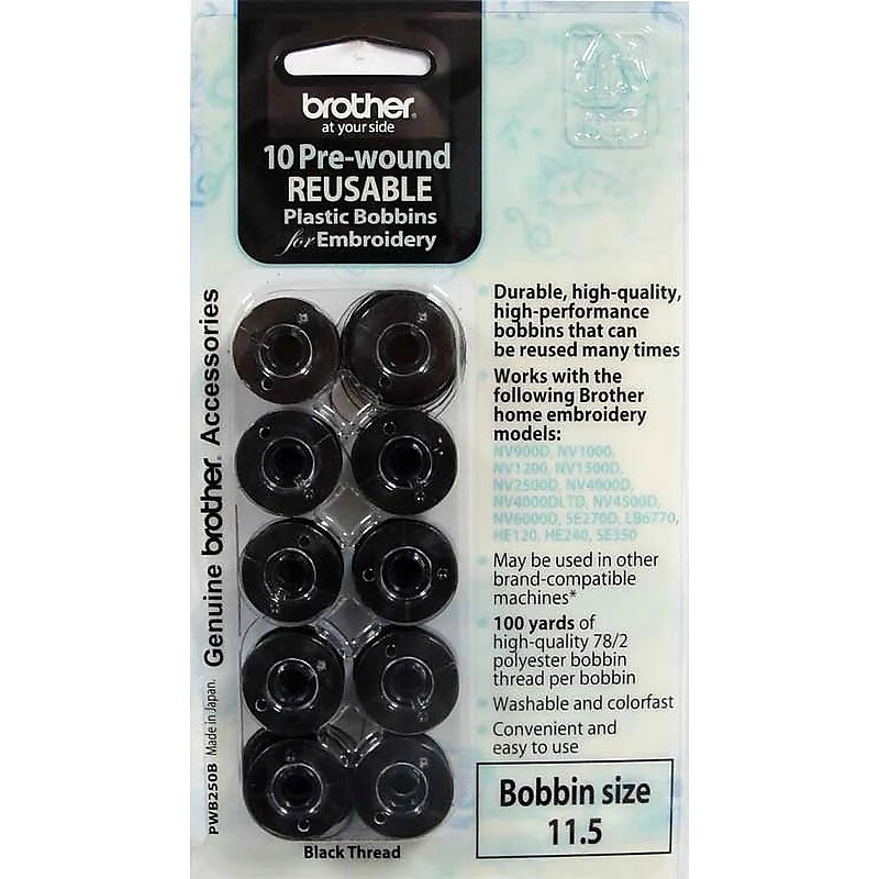 Brother Pre-Wound Embroidery Bobbins, Black, 10/Pack (PWB250B) image 1