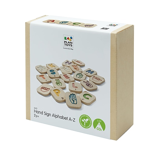 PlanToys Wooden Hand Sign Alphabet A-Z Tiles, Assorted Colors, 26