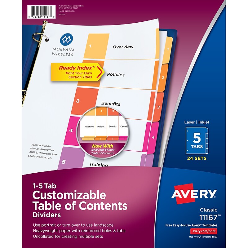 Avery Ready Index Table of Contents Paper Dividers, 1-5 Tabs, Multicolor, 24 Sets/Box (11167) image 1