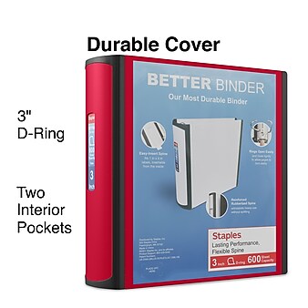 Staples Heavy Duty 3" 3-Ring Better Binder, D-Ring, Red (18367)