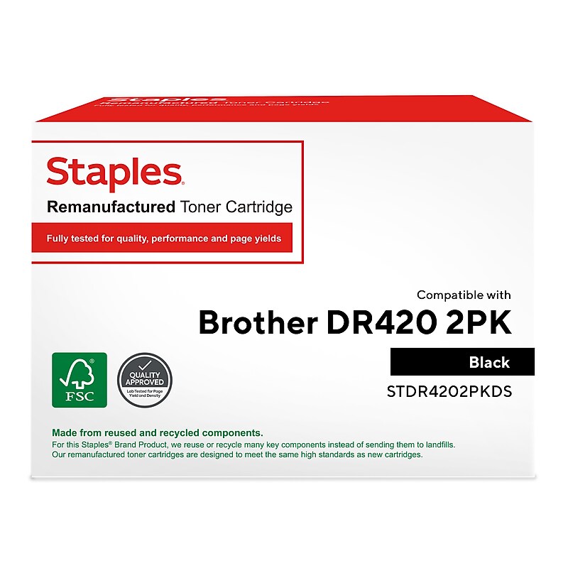Staples Remanufactured Black Standard Yield Drum Unit Replacement for Brother DR420 (TRDR4202PKDS/STDR4202PKDS), 2/Pack image 1