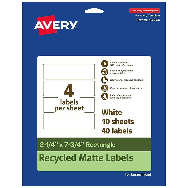 Avery EcoFriendly Laser/Inkjet Rectangle Multipurpose Labels, 2-1/4" x 7-3/4", White, 40/Pack (94244) image 1