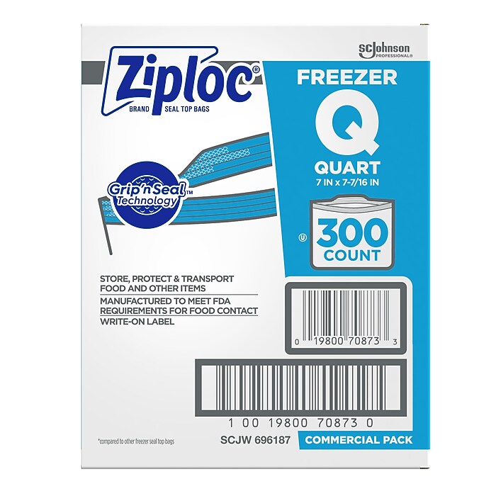 Ziploc Double Zipper Freezer Storage Bags, Quart, 300 Bags/Carton