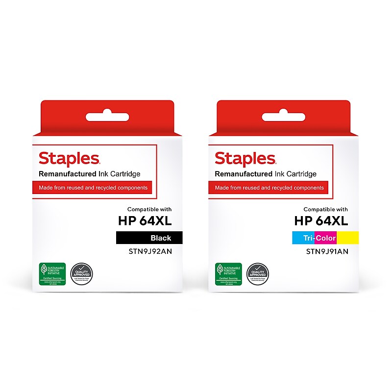 Staples Remanufactured Black and TriColor High Yield Ink Replacement for HP 64XL, 2/Pack (STN9J92-91AN2PK-VB) image 1