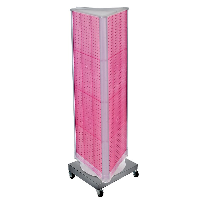 Azar Displays 60”H x16”W Three-Sided Revolving Pegboard Tower Floor Display on Wheeled Metal Base, Pink (700452-PNK) image 1