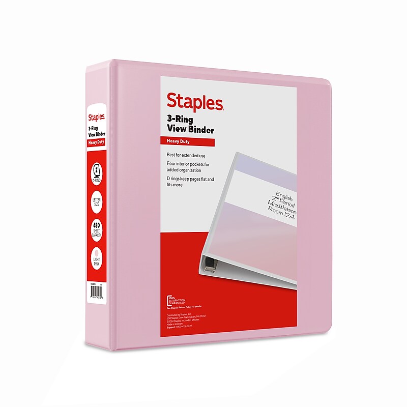 Staples Heavy Duty 2" 3-Ring View Binder, D-Ring, Light Pink (ST63095) image 1