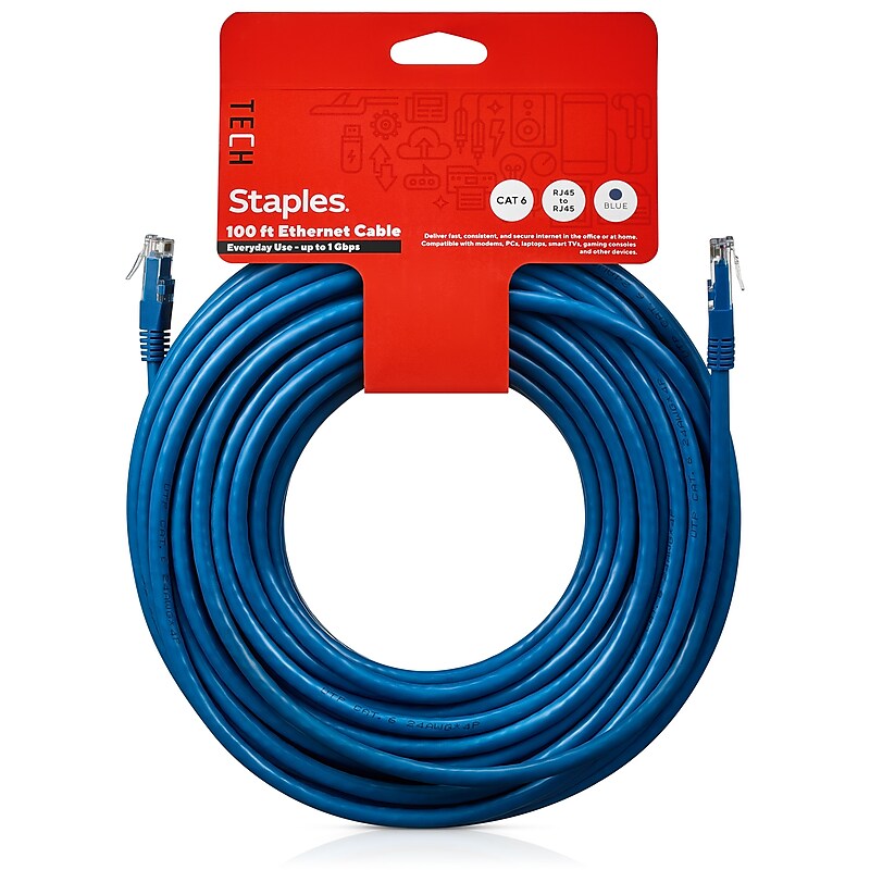 Staples TECH 100' Cat-6 Ethernet Cable, Male to Male, Blue (ST62452) image 1