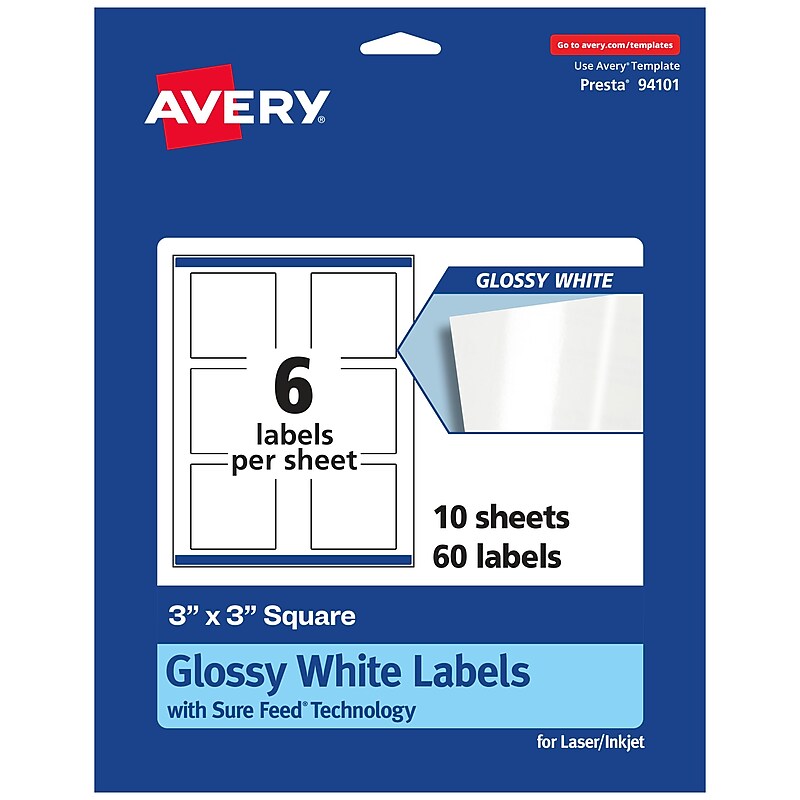 Avery Laser/Inkjet Multipurpose Labels, 3" x 3", Glossy White, 60 Labels/Pack (94101) image 1