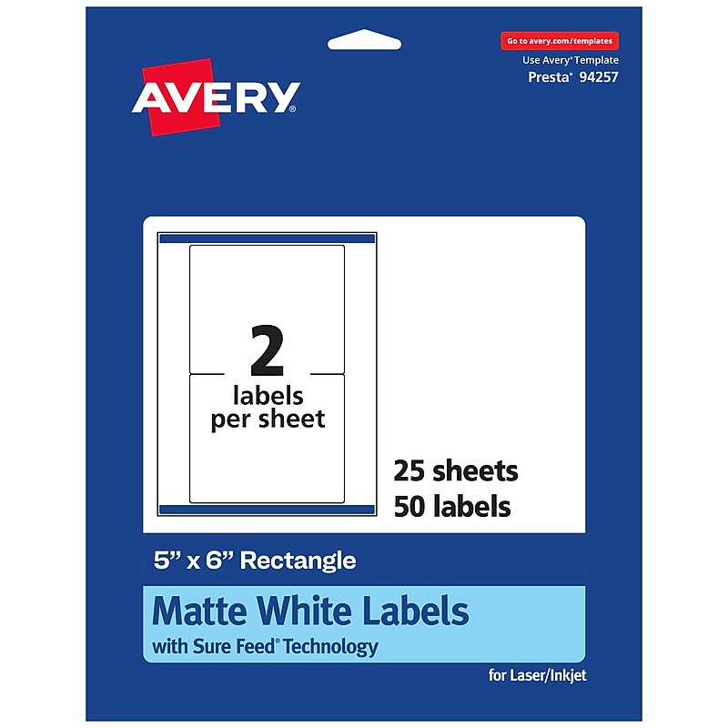 Avery Laser/Inkjet Multipurpose Rectangle Labels, 5" x 6", White, 50 Labels/Pack (94257) image 1