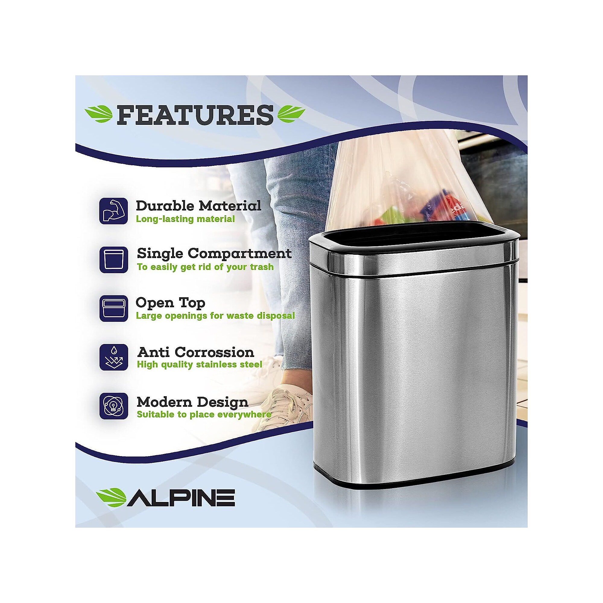 Alpine Industries Stainless Steel Trash Can with Liner, 5.3 Gallon (ALP470-20L) Sansujyuku sansujyuku.com
