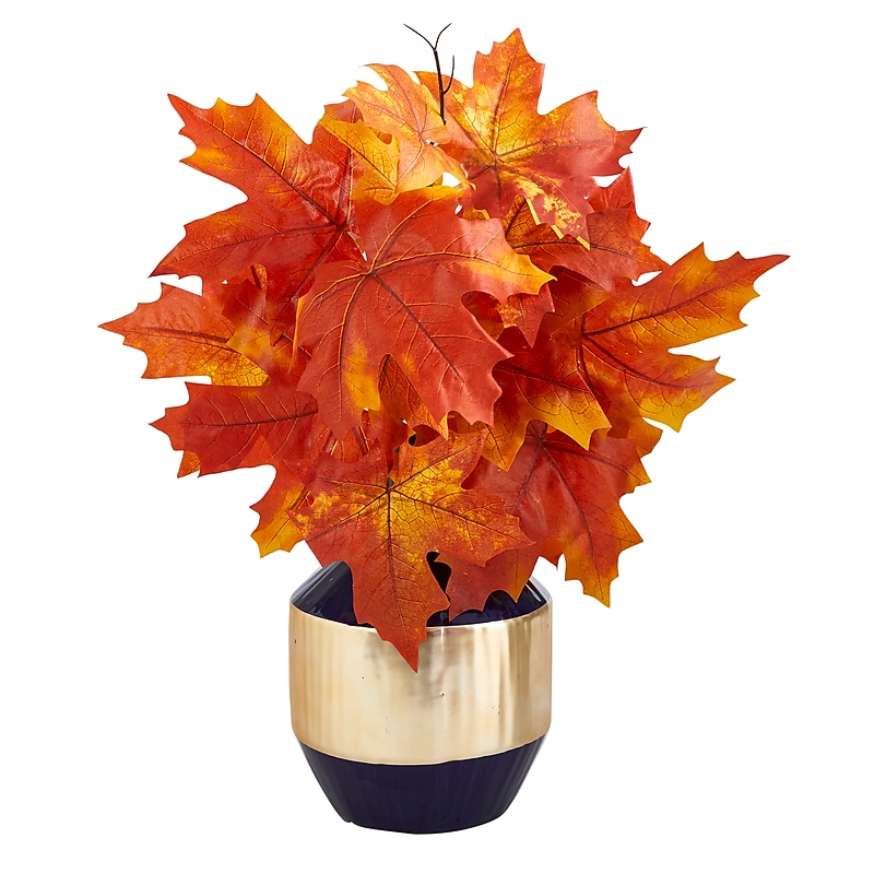 Nearly Natural 18" Autumn Maple Leaf Artificial Plant in Blue and Gold Planter (P1540-OG) image 1